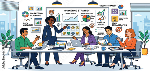 Diverse business team collaborating on marketing strategy presentation in modern office