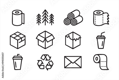 Eco packaging and recycling icon set with boxes paper roll trees and recycle symbol