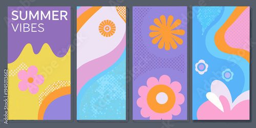 Retro summer vibes a set of four colorful abstract floral designs
