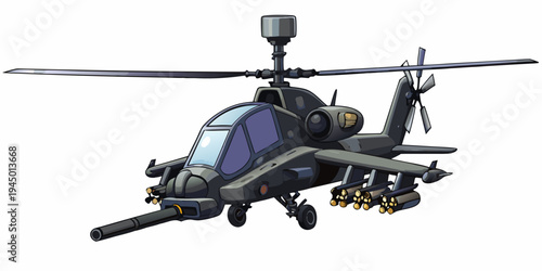 Detailed illustration of a gray military attack helicopter with weaponry
