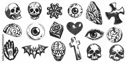 Collection of spooky hand drawn skulls eyes and mystical symbols