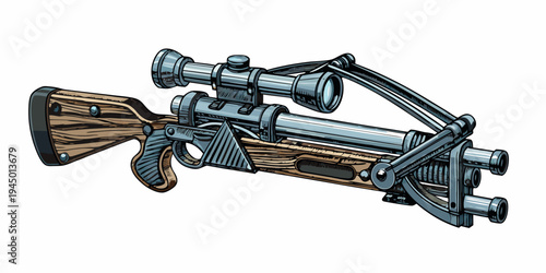 Detailed illustration of a futuristic crossbow with a telescopic sight