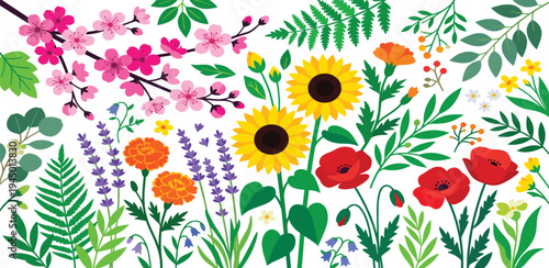 A vibrant collection of wildflowers, blooming sunflowers, delicate cherry blossoms, and lush green foliage, perfect for nature-themed designs