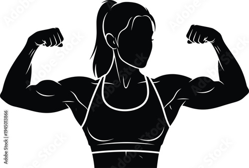 Strong female bodybuilder flexing arm muscles silhouette powerful fitness woman athlete strength bodybuilding training sport vector illustration