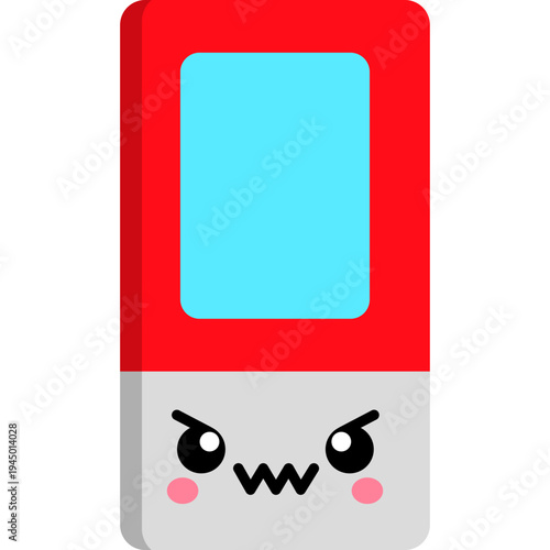 A cartoon illustration of an angry face on a red and gray object