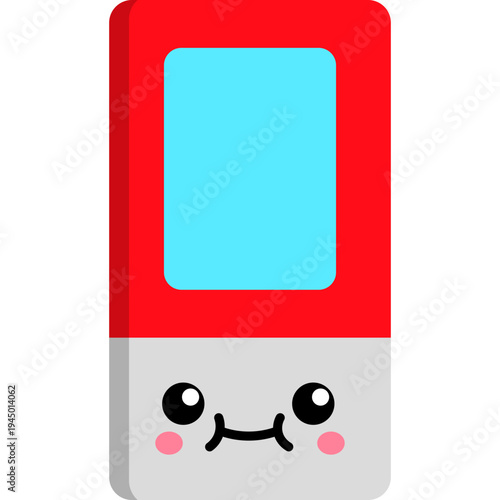 A cute cartoon illustration of a smiling red and gray electronic device with a screen