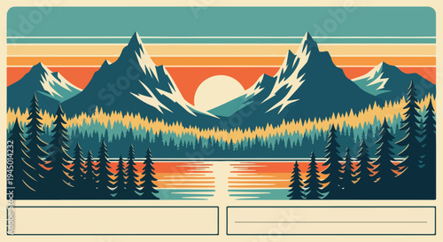 Serene mountain landscape with lake and trees at sunset.