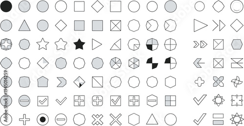 Geometric Shapes and User Interface Symbol Collection with Circles Squares Arrows Check Marks and Navigation Icons for Web UI Design Vector Set