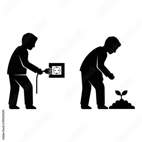 Contrasting actions of electrical work and planting a seedling in a small garden. Vector, illustration