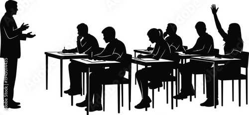 Teacher teaching students in classroom silhouette education learning concept school lecture discussion raising hands academic training vector illustration