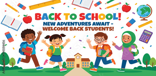 Vibrant illustration of diverse and excited students happily running towards a welcoming school building, ready for new adventures and a joyful return to learning