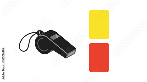 Soccer referee whistle and yellow and red cards, sport equipment