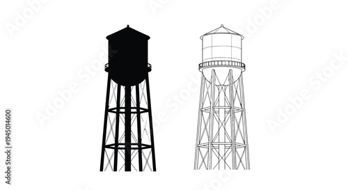 Two water tower illustrations one solid black one white outline
