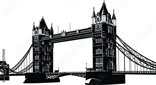Tower Bridge London silhouette vector illustration, famous British landmark architecture, historic Thames river bridge isolated black travel monument design.
