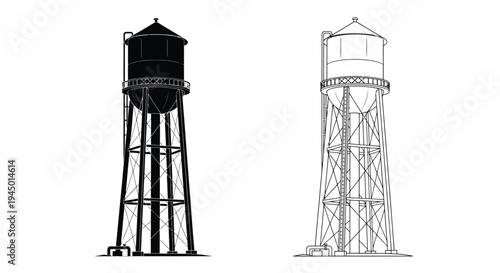 Two water towers depicted in a simple black and white line drawing style