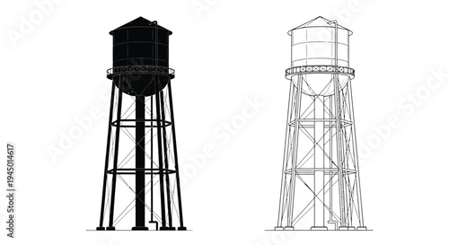 Two water towers depicted in black and white line art illustrations