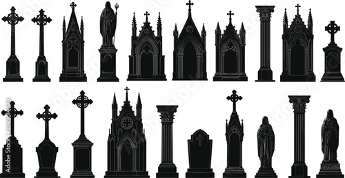 Gothic Cemetery Gravestone and Memorial Monument Collection with Cross Headstones Church Tombs Statue Columns and Graveyard Silhouette Vector Set