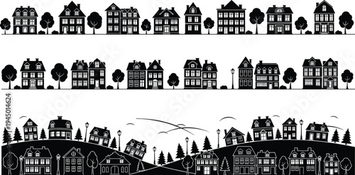 Town houses skyline silhouette collection with residential buildings trees street lamps neighborhood landscape vector illustration isolated design