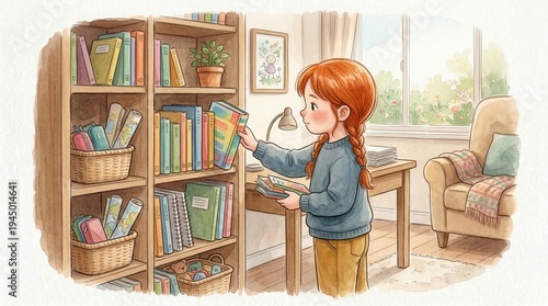 Red-haired girl choosing a book from a shelf in a cozy room  