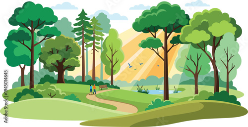 A serene landscape illustration of a park with walking paths, trees, a pond, and people enjoying nature under a bright sun