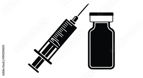 A black silhouette illustration depicting a syringe and a vial