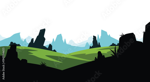 Stylized landscape with rolling green hills and dark silhouetted rock formations