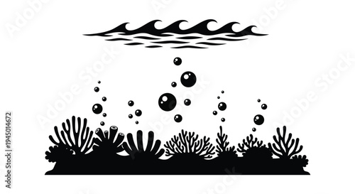 Black and white illustration of underwater scene with coral and bubbles