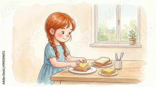 Young girl spreading cheese on sandwich at kitchen table by window  