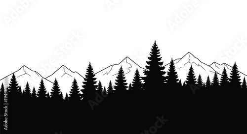 Minimalist black and white landscape featuring silhouetted mountains and evergreen trees