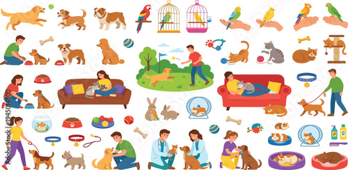 Collection of cute pets and pet owners, including dogs, cats, birds, and rabbits, engaged in various activities like playing and veterinary visits