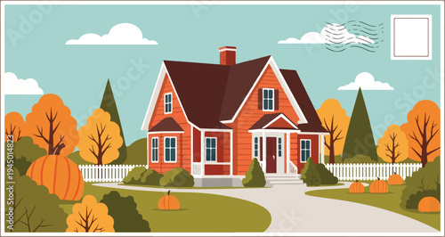 Cozy red house with white fence and autumn foliage in the neighborhood.