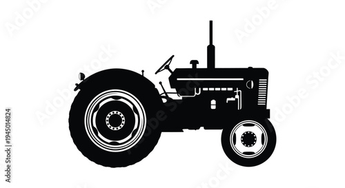 A black silhouette of a vintage farm tractor side profile view