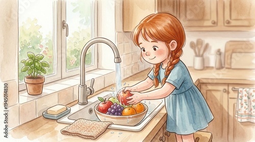 Young girl washing fruits in kitchen sink with natural light  