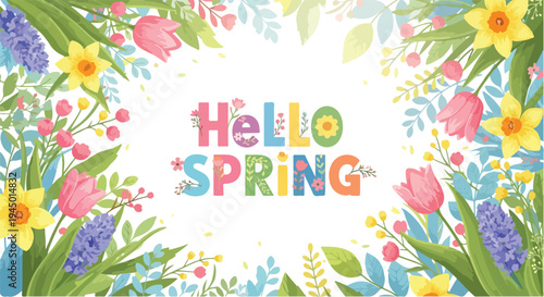 Vibrant Spring Floral Arrangement with Hello Spring Text.