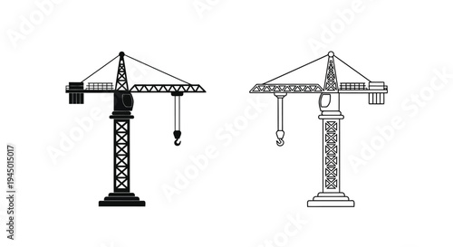 Line drawing of two construction cranes one solid and one outline