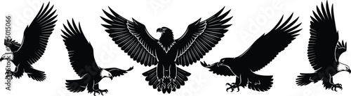 Collection of black eagle silhouettes in flight, including bald eagles with wings spread for freedom, nature, wildlife, and patriotic designs.
