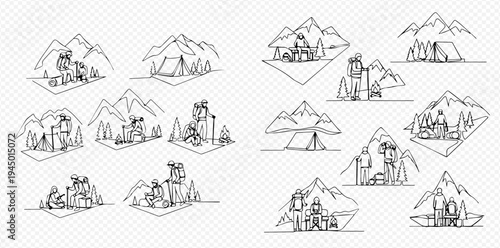 Set of hand-drawn camping and hiking icons with mountains, tents, and people in nature.