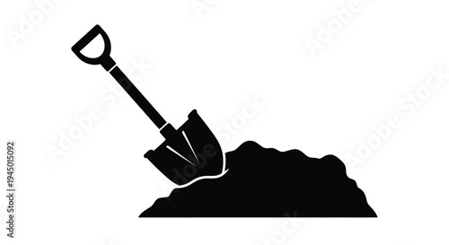 Simple black and white illustration of a shovel digging into a pile of dirt