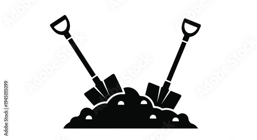 Two shovels and a pile of dirt in a simple black and white illustration