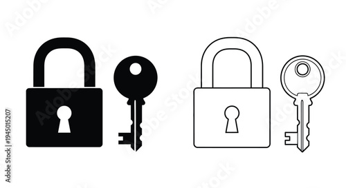 Black and white illustration of padlocks with corresponding keys