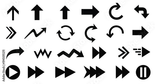 Collection of black arrow and direction symbols on a white background