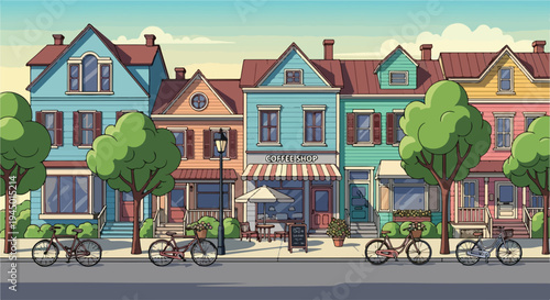 Colorful row of houses with bicycles parked outside on a sunny day.