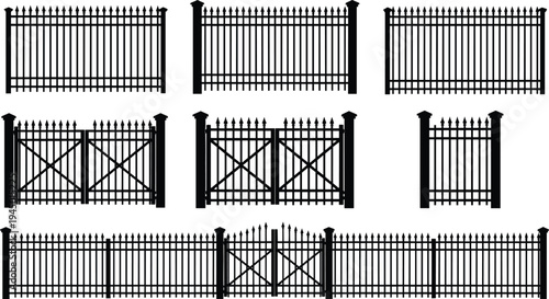 Black Wrought Iron Fence and Gate Silhouette Set with Metal Pickets and Decorative Finials Isolated on White Background for Architectural Design and Landscaping