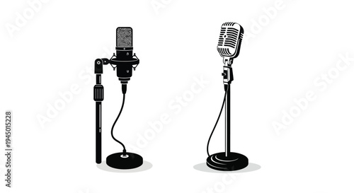 Two vintage style microphones stand on stands in a black and white illustration