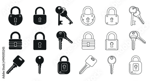 Black and white icons depicting various padlocks and corresponding keys