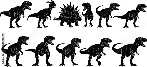 Collection of black dinosaur silhouettes including Tyrannosaurus Rex, Stegosaurus, and Parasaurolophus for prehistoric designs, ancient wildlife education, and monster themed graphics.