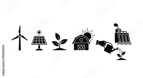 Illustrative icons representing renewable energy agriculture and industrial elements