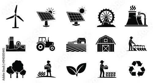 Renewable energy sources and agricultural icons in monochrome style