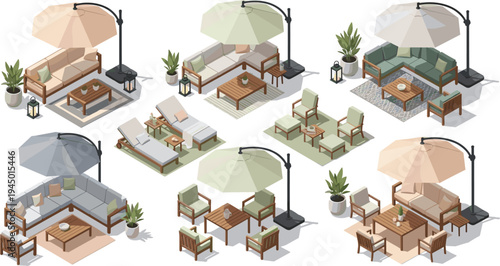 Isometric Outdoor Patio Furniture Collection with Garden Sofa Chairs Coffee Tables Sun Loungers Umbrellas and Terrace Decor Modern Vector Illustration Set