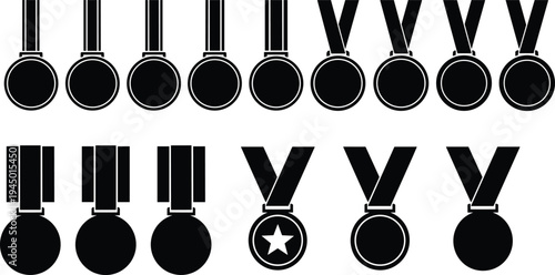 Collection of black medal silhouettes with ribbons, including sports awards, achievement symbols, and competition trophies for success, victory, and honor.
